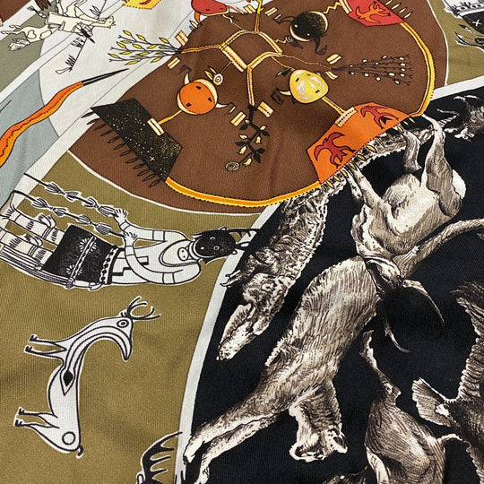 HERMES scarf silk Multi Carre90 The legend of brown men Women Used Authentic