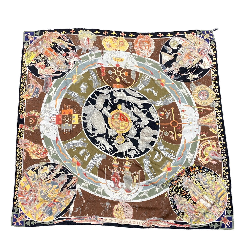 HERMES scarf silk Multi Carre90 The legend of brown men Women Used Authentic