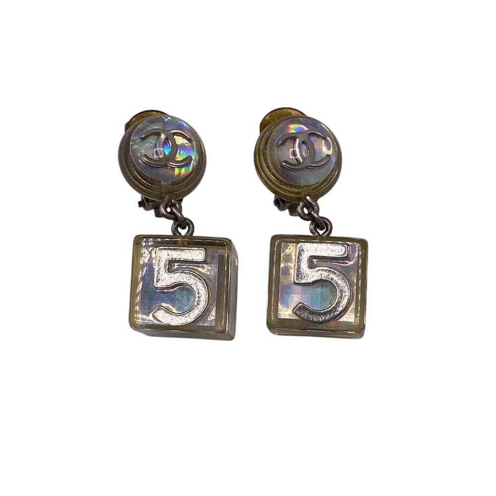 CHANEL Earring Gold Plated, Resin type Silver COCO Mark No.5 Women Used Authentic