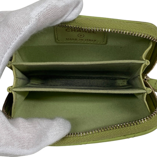 CHANEL Coin case lambskin green Matrasse Round zip Women Used Authentic