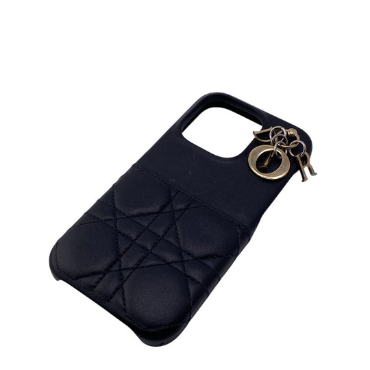 Christian Dior Mobile case leather black Lady Dior Canage Women iPhone15PRO Used Authentic