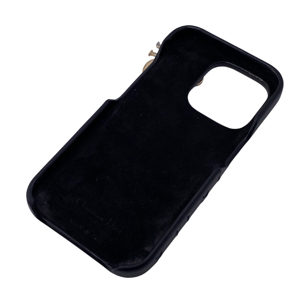 Christian Dior Mobile case leather black Lady Dior Canage Women iPhone15PRO Used Authentic