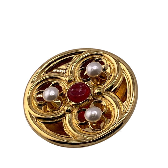 CHANEL Brooch Gold Plated, Faux Pearl gold Brooch Women Used Authentic