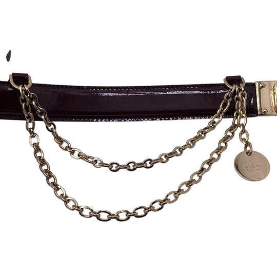 GUCCI belt 150696 Patent leather Bordeaux Chain charm Women 80/32 Used Authentic