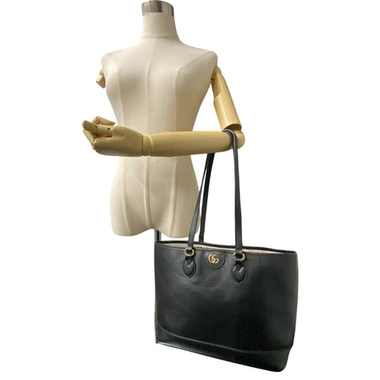GUCCI Tote Bag 765043 leather black Double G Women Used Authentic