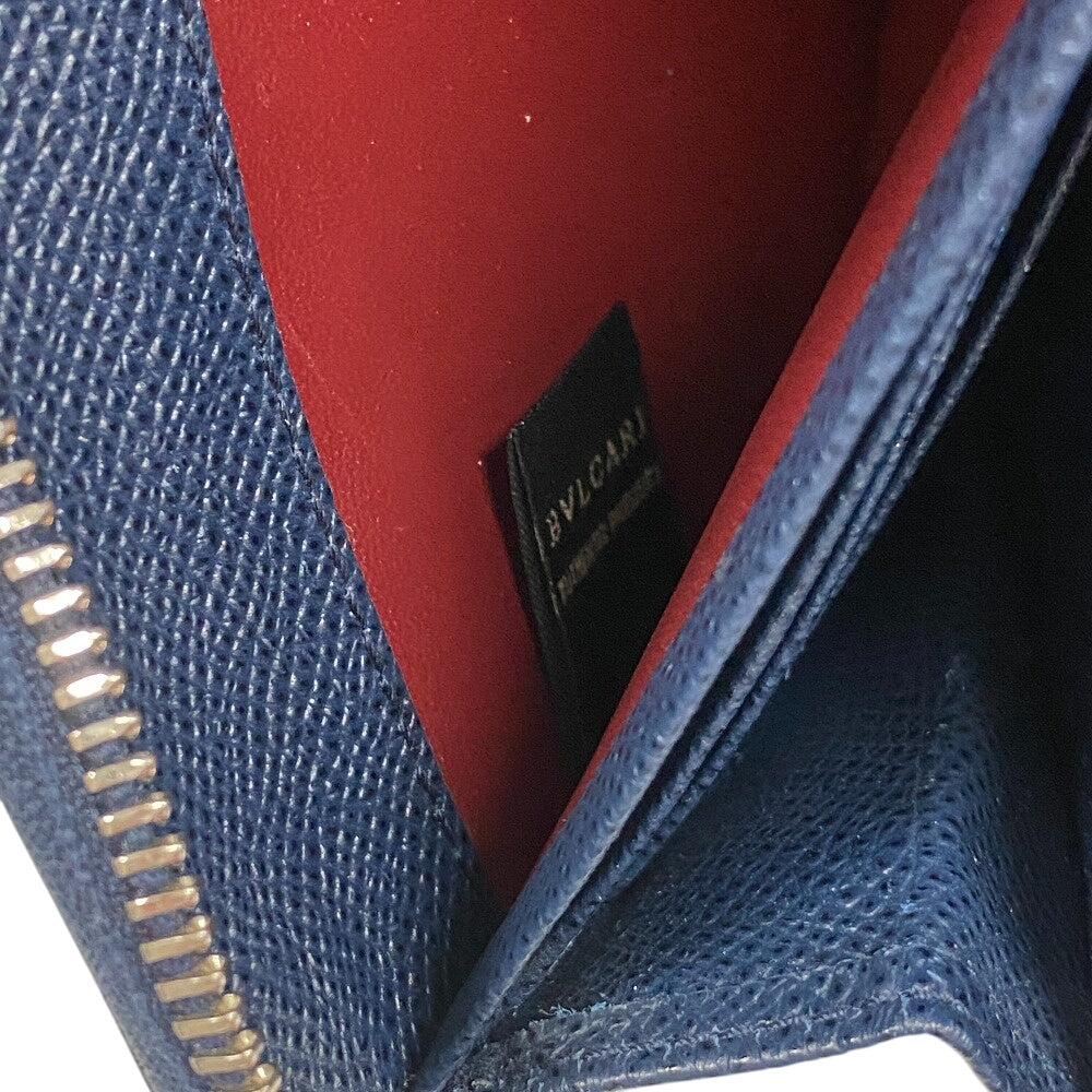 BVLGARI Long Wallet Purse leather Navy Zip Around Bulgari Bulgari Man mens Used Authentic