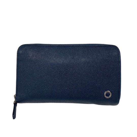 BVLGARI Long Wallet Purse leather Navy Zip Around Bulgari Bulgari Man mens Used Authentic