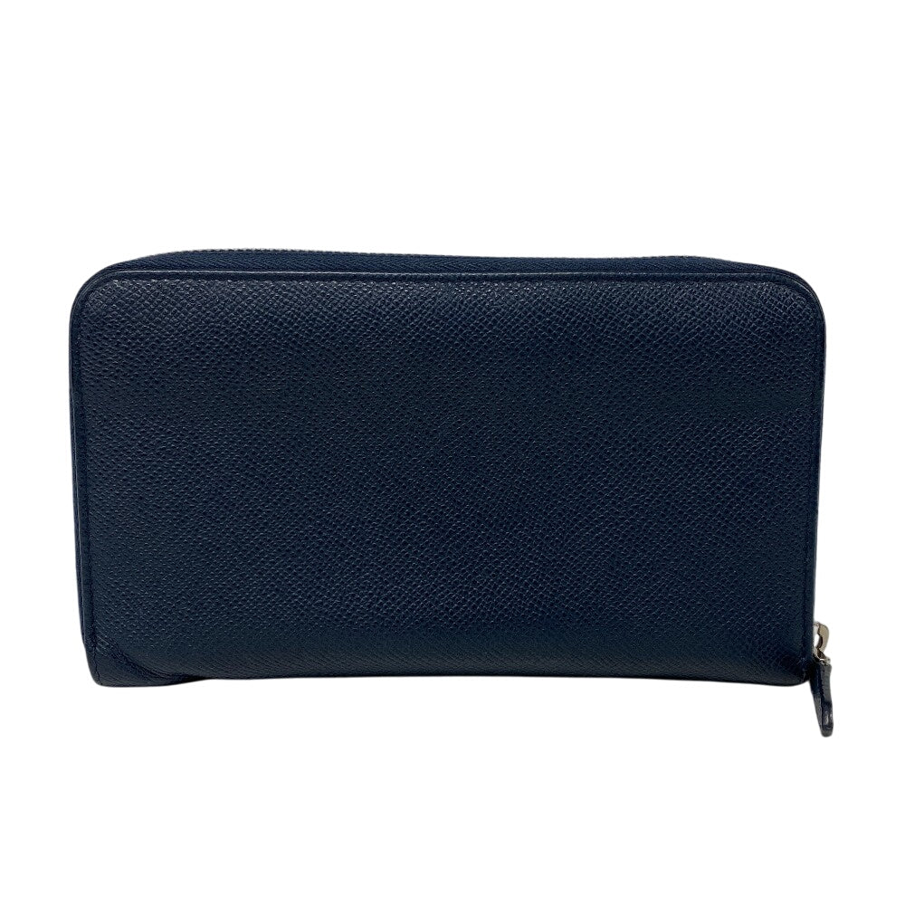 BVLGARI Long Wallet Purse leather Navy Zip Around Bulgari Bulgari Man mens Used Authentic