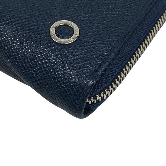 BVLGARI Long Wallet Purse leather Navy Zip Around Bulgari Bulgari Man mens Used Authentic