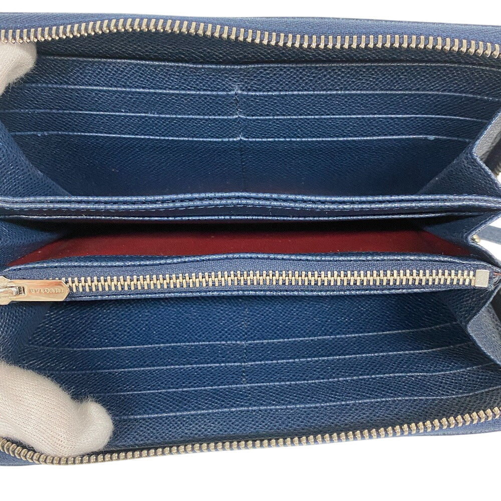 BVLGARI Long Wallet Purse leather Navy Zip Around Bulgari Bulgari Man mens Used Authentic