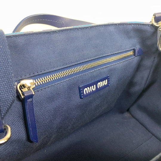 MIUMIU Shoulder Bag 5BA085 Canvas, Leather blue 2way handbag Women Used Authentic