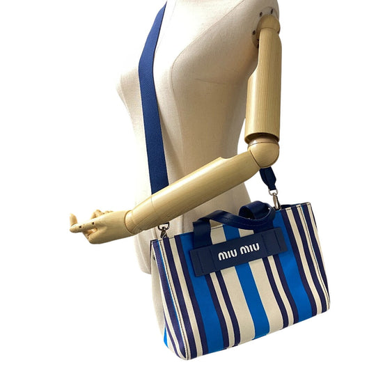 MIUMIU Shoulder Bag 5BA085 Canvas, Leather blue 2way handbag Women Used Authentic