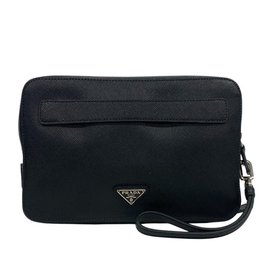 PRADA business bag leather black Sapphire Triangle Plate mens Used Authentic