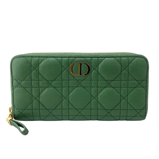 Dior Long Wallet Purse 33-MA-0242 leather green dior caro Round zip wallet Women Used Authentic