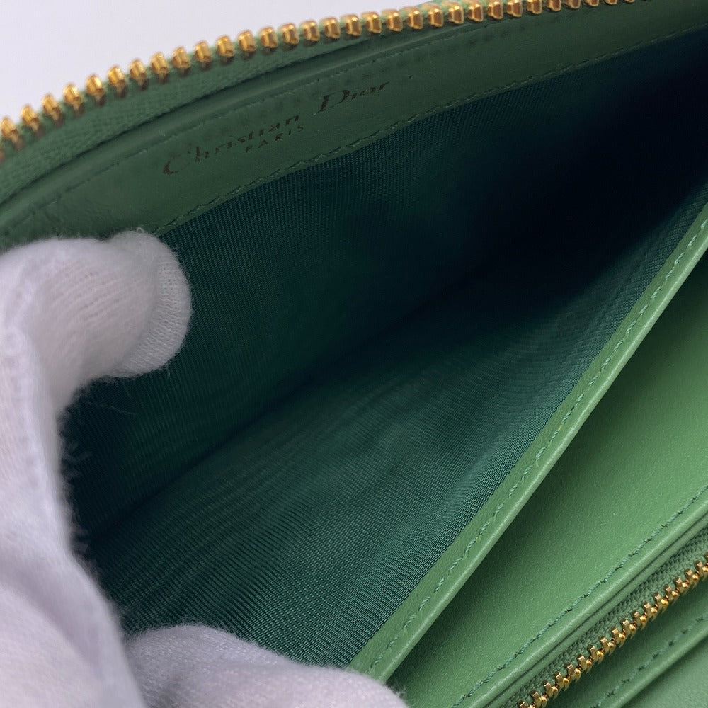 Dior Long Wallet Purse 33-MA-0242 leather green dior caro Round zip wallet Women Used Authentic