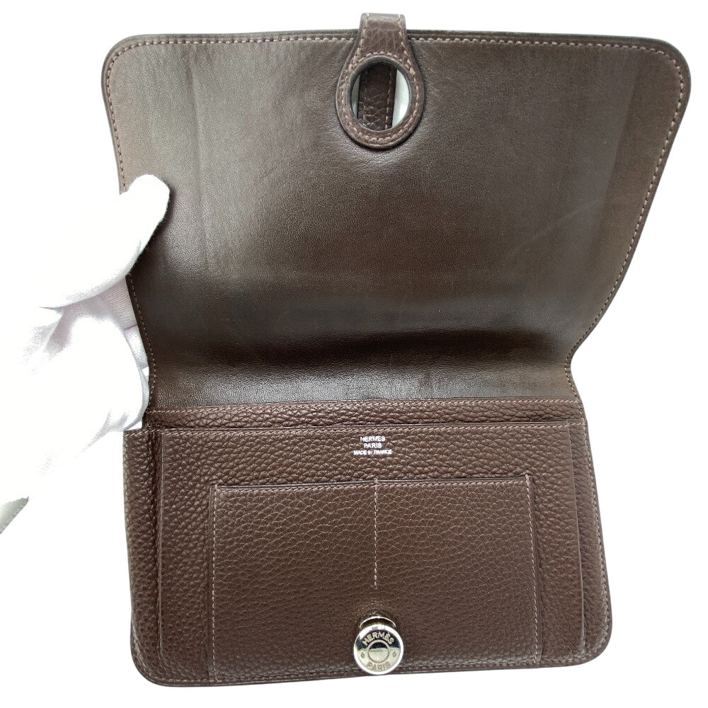 HERMES Bifold Wallet Leather, Taurillon Clemence Dark brown Taurillon Clemence Dogon GM Women Used Authentic