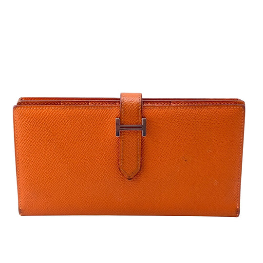 HERMES Long Wallet Purse leather Orange 2014 Epsom Beansufla Women Used Authentic