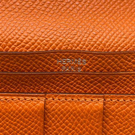 HERMES Long Wallet Purse leather Orange 2014 Epsom Beansufla Women Used Authentic