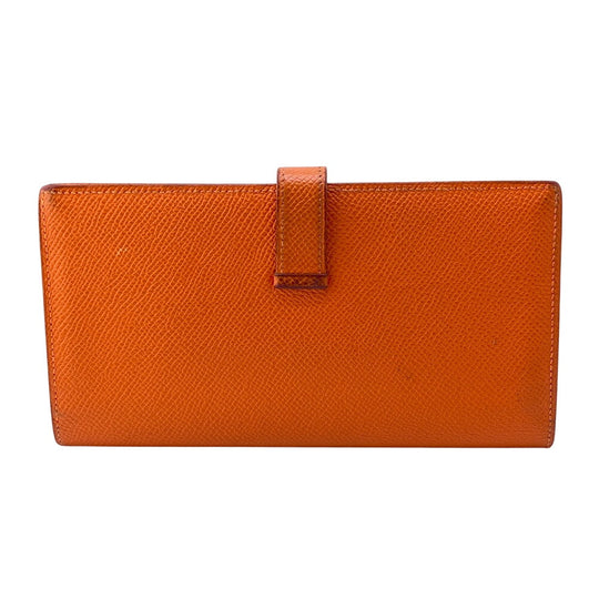 HERMES Long Wallet Purse leather Orange 2014 Epsom Beansufla Women Used Authentic