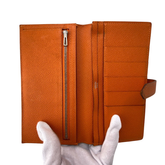 HERMES Long Wallet Purse leather Orange 2014 Epsom Beansufla Women Used Authentic