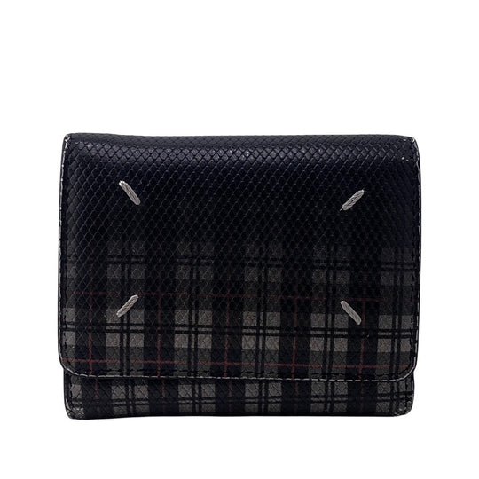 Maison Margiela Tri-fold wallet leather black Zip Compact Wallet check 4stitch mens Used Authentic