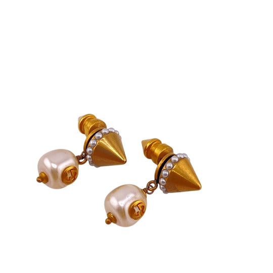 GUCCI Pierce Gold Plated, Faux Pearl gold Interlocking G Women Used Authentic