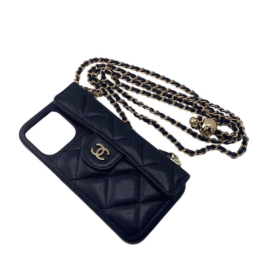 CHANEL iPhone case Caviar Skin, Leather black iPhone14 Matrasse Coco ball Women Used Authentic