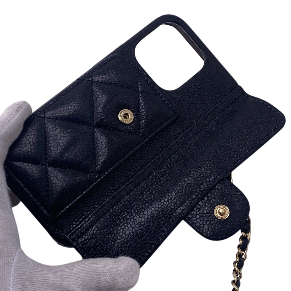 CHANEL iPhone case Caviar Skin, Leather black iPhone14 Matrasse Coco ball Women Used Authentic