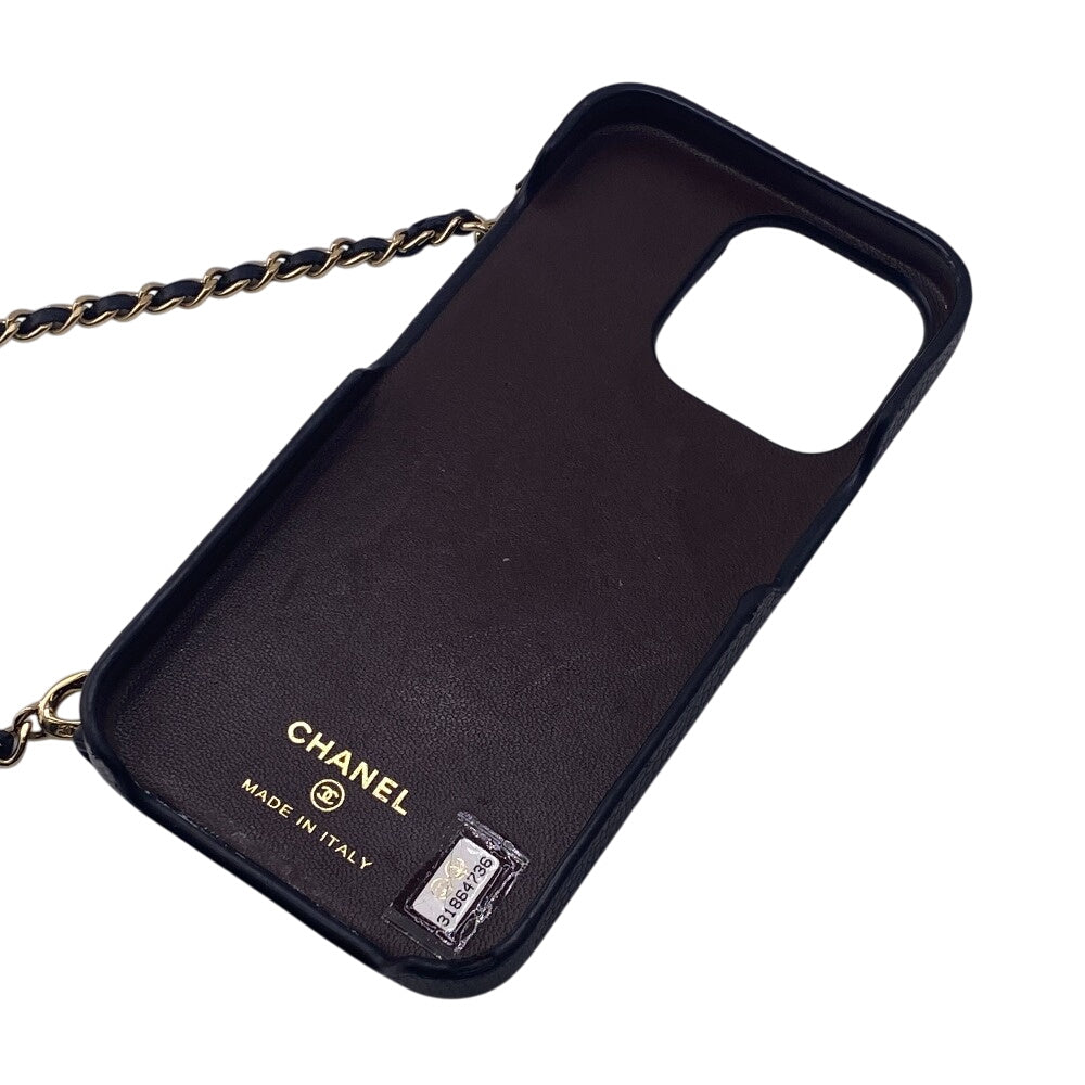 CHANEL iPhone case Caviar Skin, Leather black iPhone14 Matrasse Coco ball Women Used Authentic