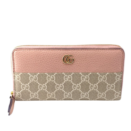 GUCCI Long Wallet Purse 456117 Calfskin Dusty Pink Zip Around GG Marmont GG Supreme Women Used Authentic