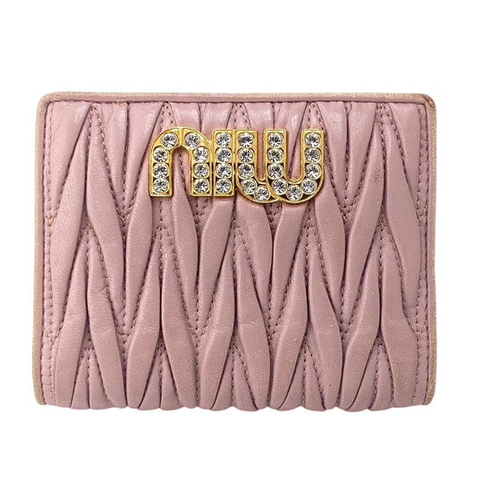 MIUMIU Bifold Wallet 5MV204 leather pink Matelasse Rhinestone Pearl Women Used Authentic