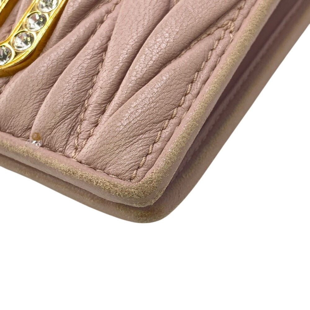 MIUMIU Bifold Wallet 5MV204 leather pink Matelasse Rhinestone Pearl Women Used Authentic