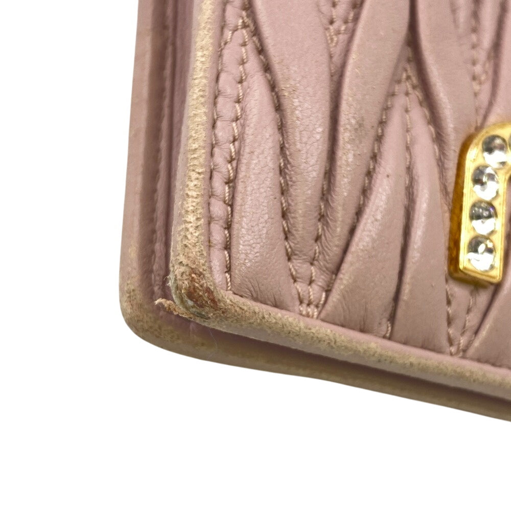 MIUMIU Bifold Wallet 5MV204 leather pink Matelasse Rhinestone Pearl Women Used Authentic