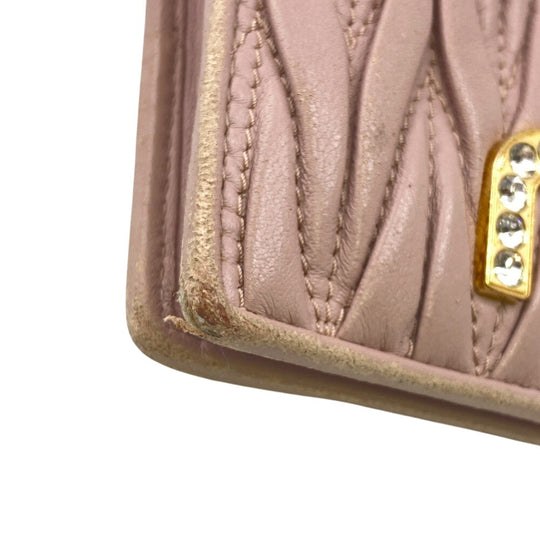 MIUMIU Bifold Wallet 5MV204 leather pink Matelasse Rhinestone Pearl Women Used Authentic