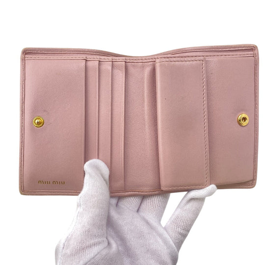MIUMIU Bifold Wallet 5MV204 leather pink Matelasse Rhinestone Pearl Women Used Authentic