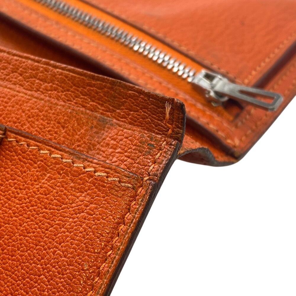 HERMES Long Wallet Purse Chevre Misol Orange Bean Women Used Authentic