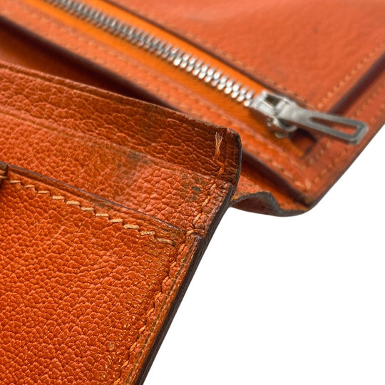 HERMES Long Wallet Purse Chevre Misol Orange Bean Women Used Authentic