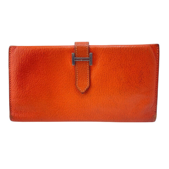 HERMES Long Wallet Purse Chevre Misol Orange Bean Women Used Authentic