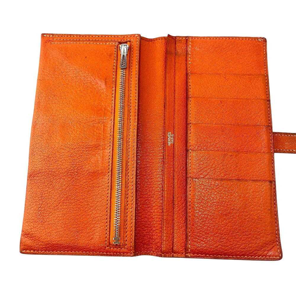 HERMES Long Wallet Purse Chevre Misol Orange Bean Women Used Authentic