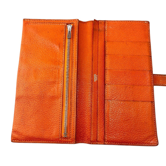 HERMES Long Wallet Purse Chevre Misol Orange Bean Women Used Authentic