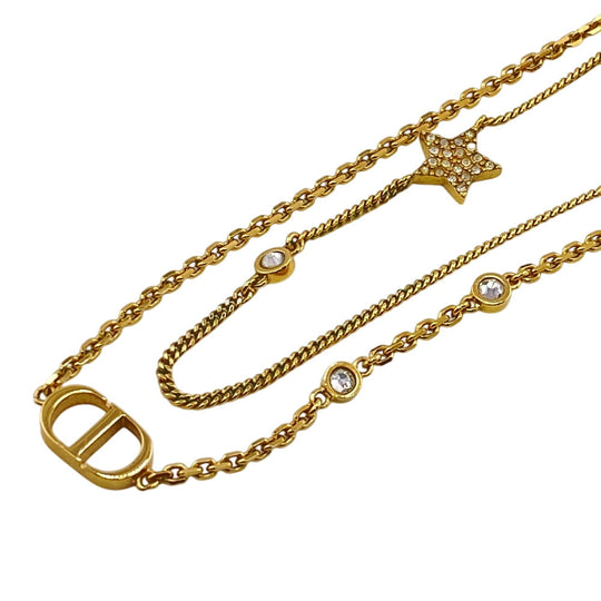 Dior Necklace Metal, Crystal gold double Star Petit CD Petit CD Women Used Authentic