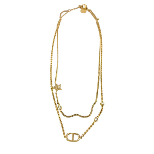 Dior Necklace Metal, Crystal gold double Star Petit CD Petit CD Women Used Authentic