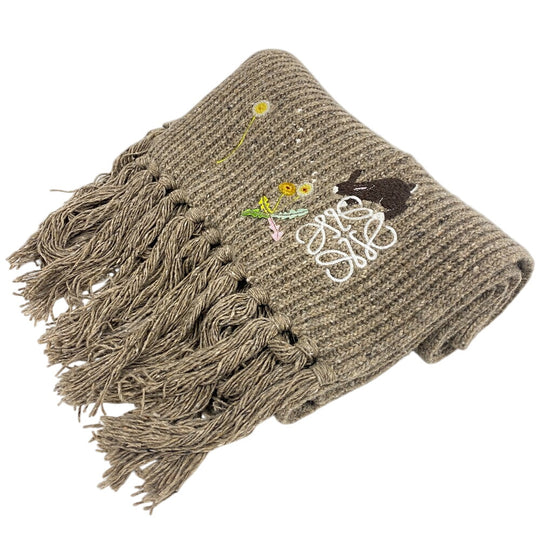 LOEWE Scarf Rayon, Wool beige Anagram Embroidery Suna Fujita collaboration fringe(Unisex) Used Authentic