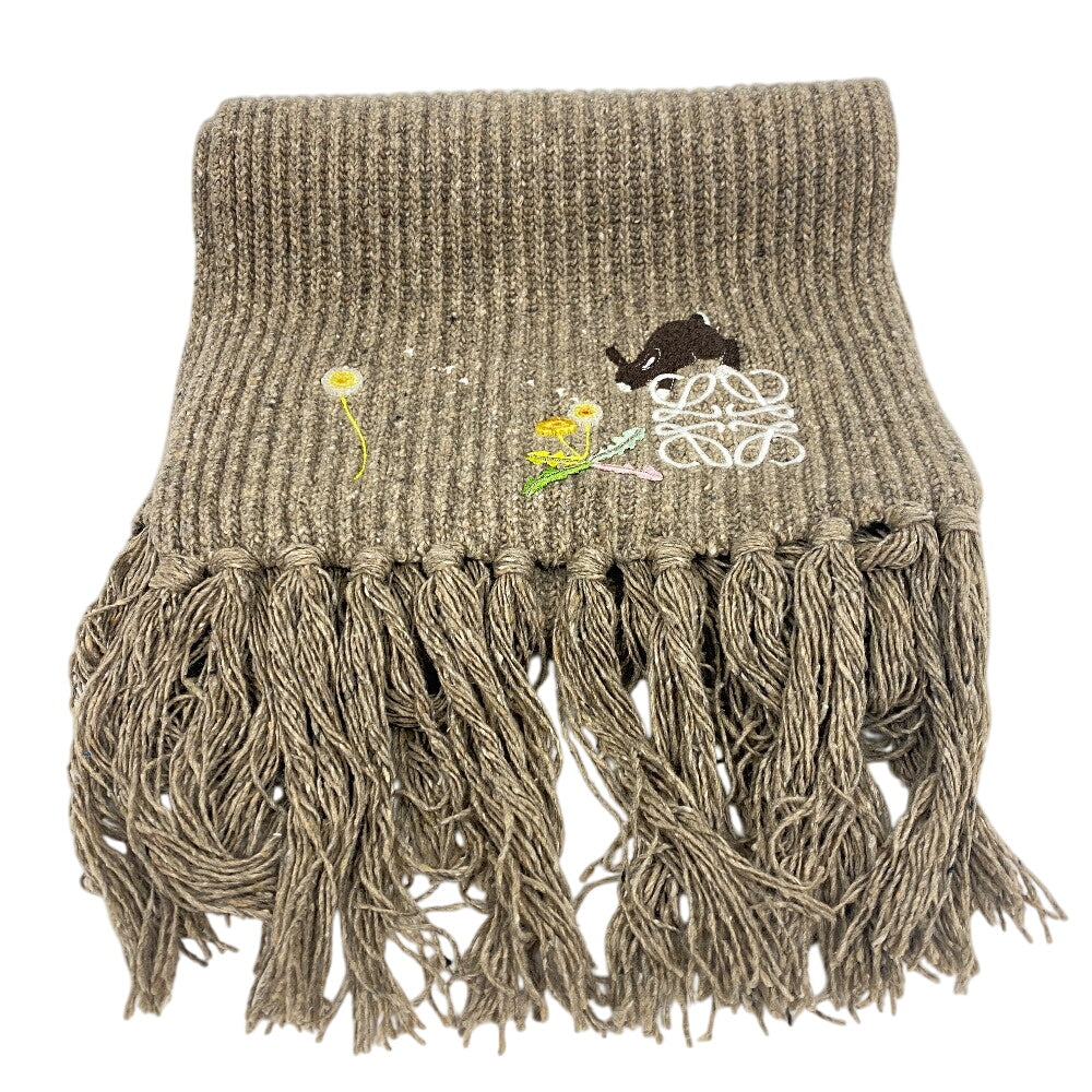 LOEWE Scarf Rayon, Wool beige Anagram Embroidery Suna Fujita collaboration fringe(Unisex) Used Authentic