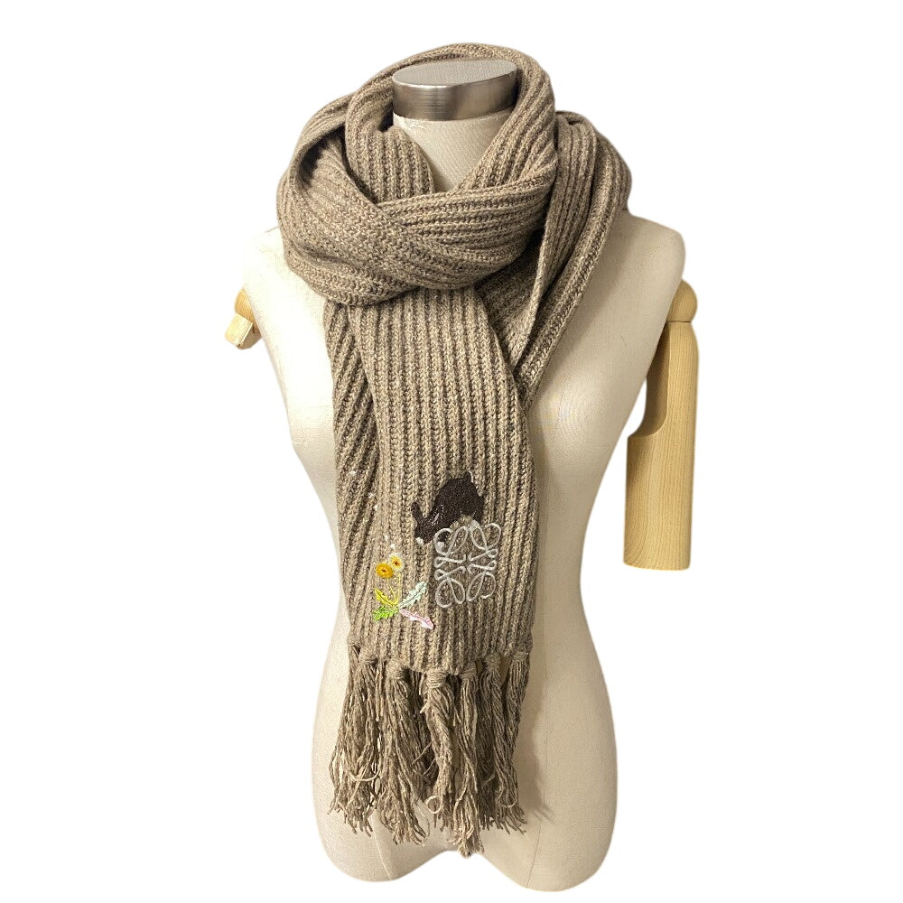 LOEWE Scarf Rayon, Wool beige Anagram Embroidery Suna Fujita collaboration fringe(Unisex) Used Authentic