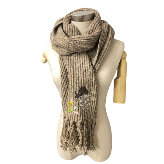LOEWE Scarf Rayon, Wool beige Anagram Embroidery Suna Fujita collaboration fringe(Unisex) Used Authentic