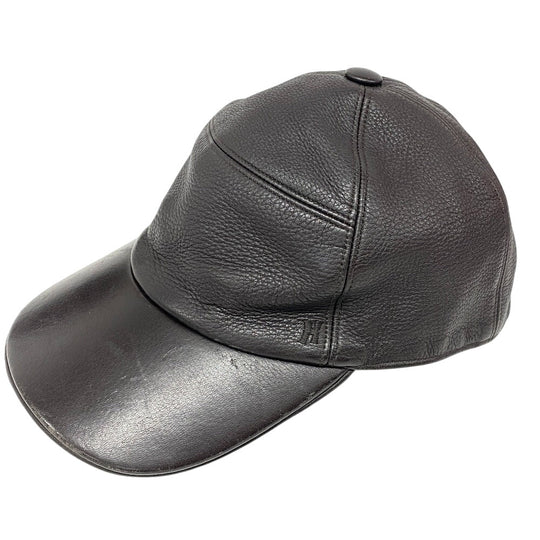 HERMES cap Calfskin Brown Logo embroidery mens Used Authentic