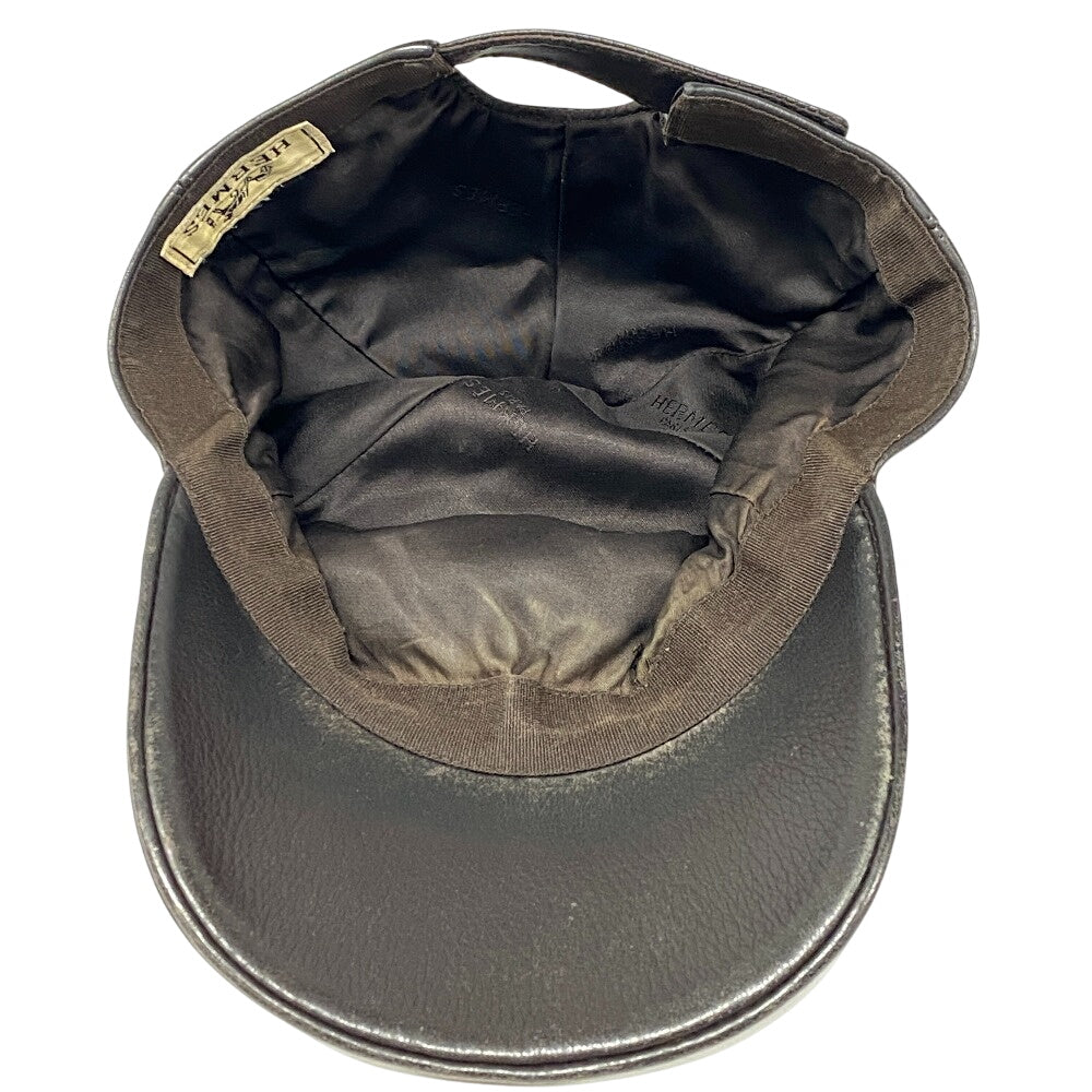 HERMES cap Calfskin Brown Logo embroidery mens Used Authentic