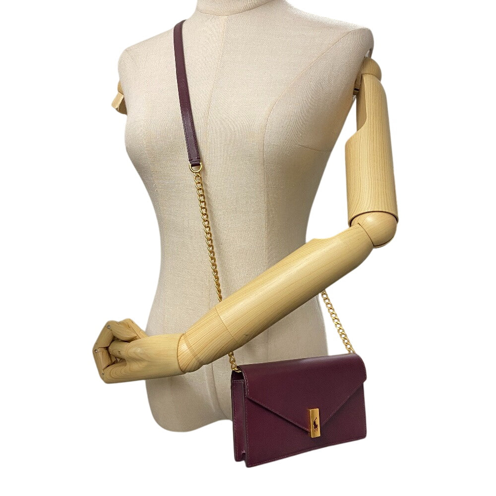 POLO RALPH LAUREN Shoulder Bag leather wine-red Chain wallet Polo ID Women Used Authentic