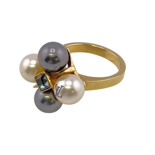 LOUIS VUITTON Ring M67017 Pearl gold LV logo Burg Climb River Women L Used Authentic